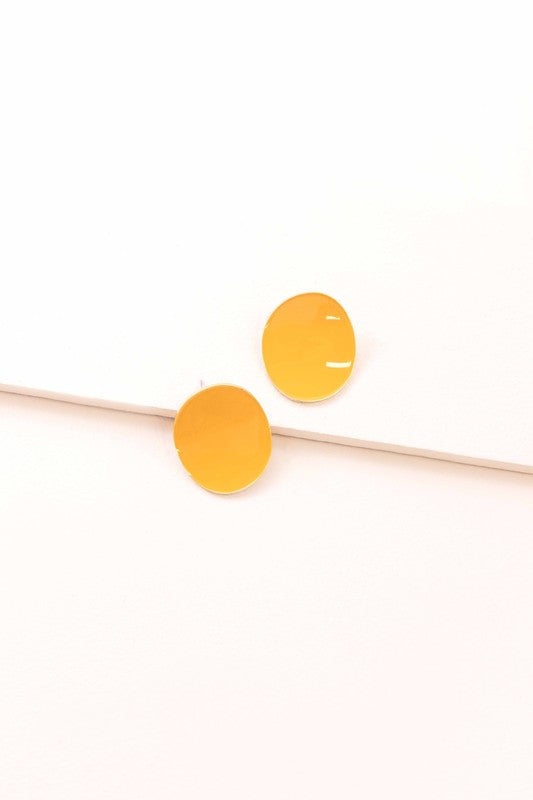 Round beige On a Curve stud earrings with a gold rim on a thin line against a white background.