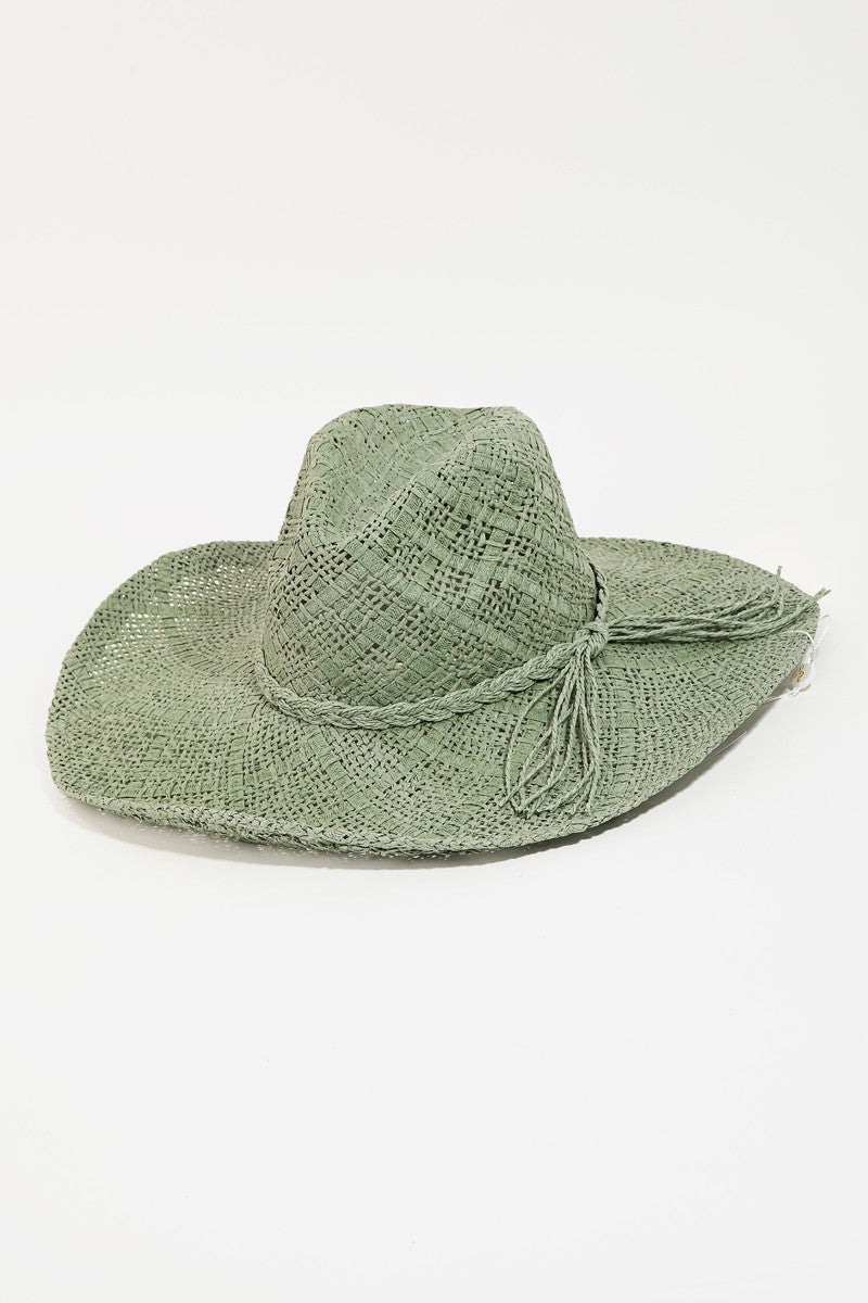 The Fame Braided Strap Wide Brim Hat, featuring a green woven design, provides excellent sun protection.