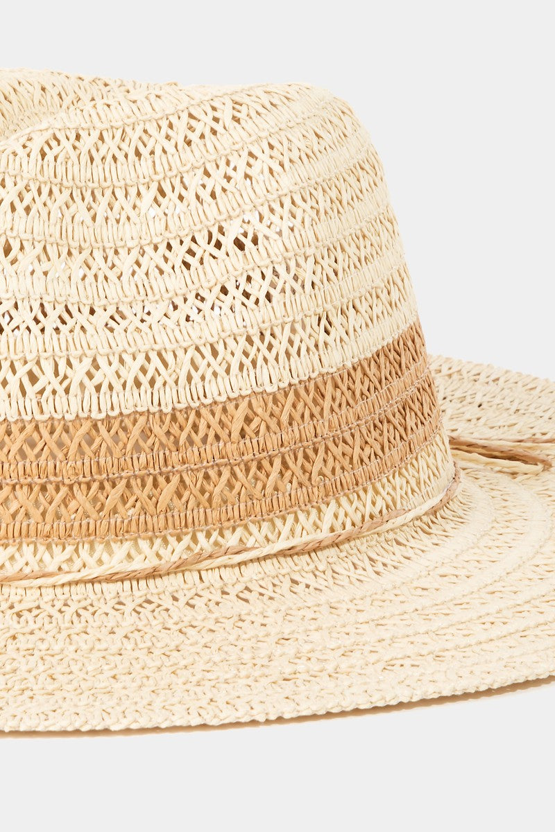 The Fame Contrast Straw Braided Sun Hat is a wide-brimmed hat featuring alternating bands of light and dark brown.