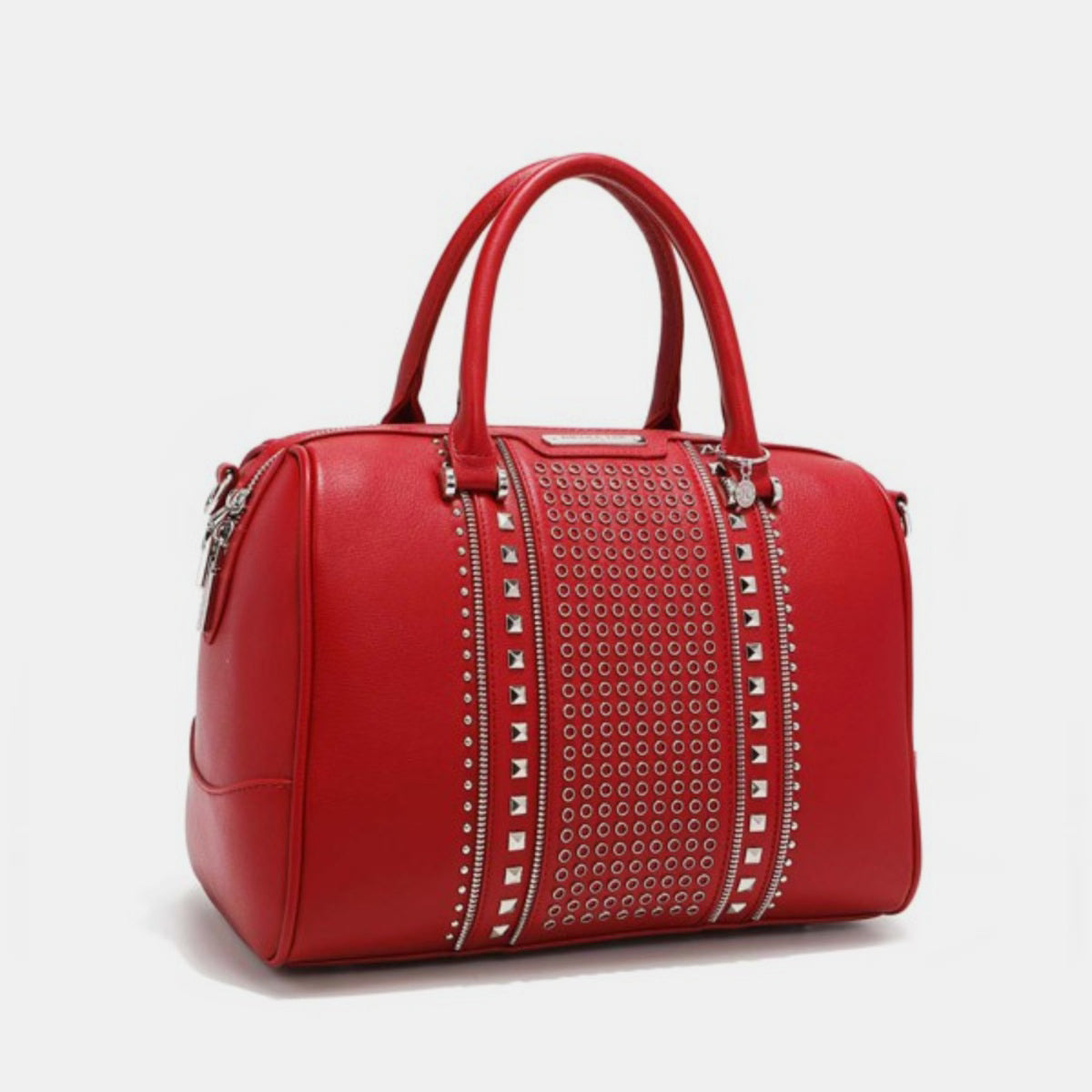 Nicole Lee USA Studded Boston Bag, crafted from luxurious vegan leather in red, showcases a design with two handles and metallic stud and ring embellishments on the front.