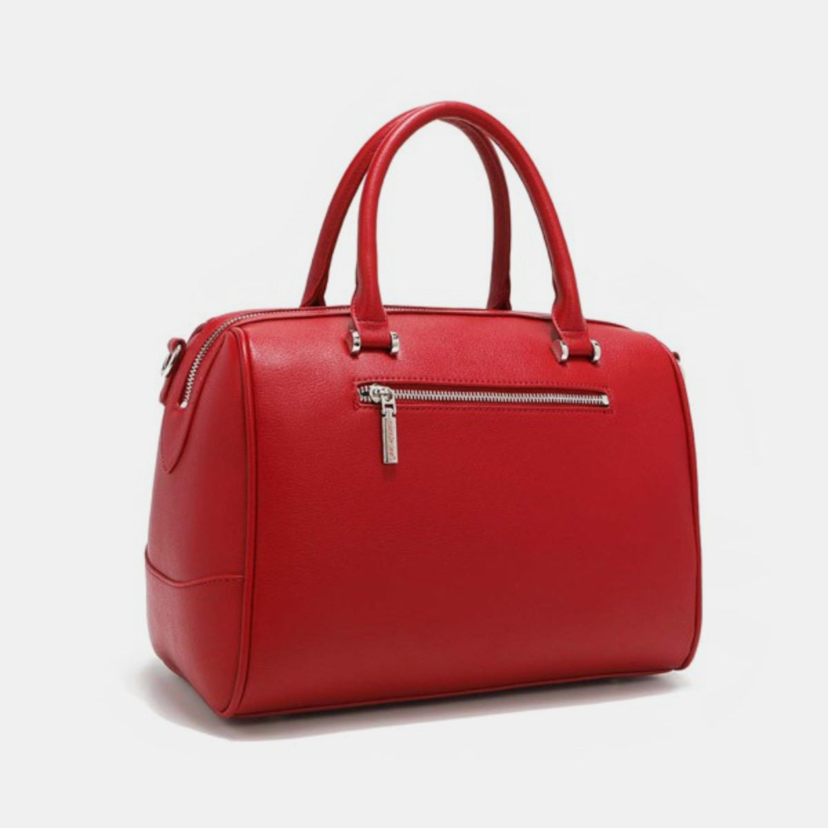 Nicole Lee USA Studded Boston Bag, crafted from luxurious vegan leather in red, showcases a design with two handles and metallic stud and ring embellishments on the front.