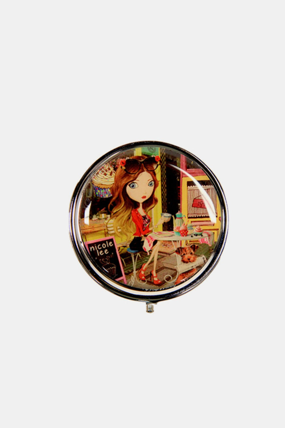 The Nicole Lee USA Print Metallic Circular Large Pill Case is a round pill case adorned with an illustration of a dog and cat driving an old-fashioned car, set against a backdrop of colorful city landmarks and signs. It's perfect for on-the-go medication management.