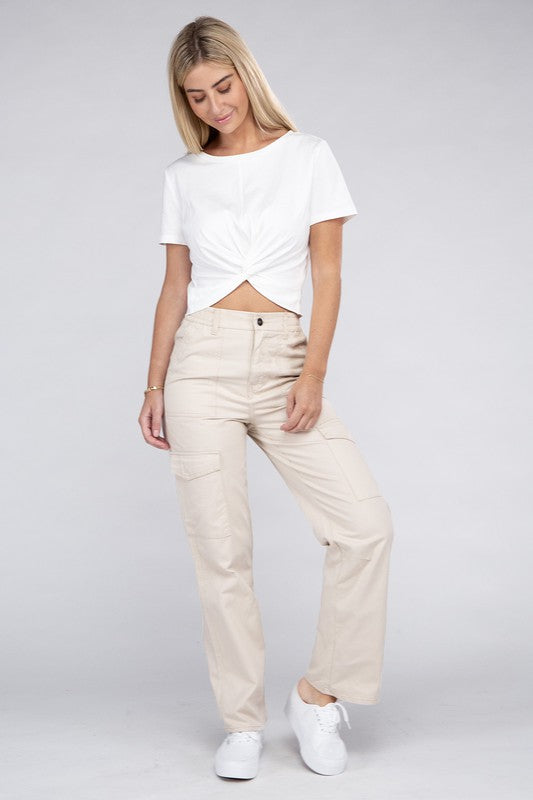 A person is wearing high-waisted, olive green Everyday Wear Elastic-Waist Cargo Pants, complemented by black high-heeled sandals.