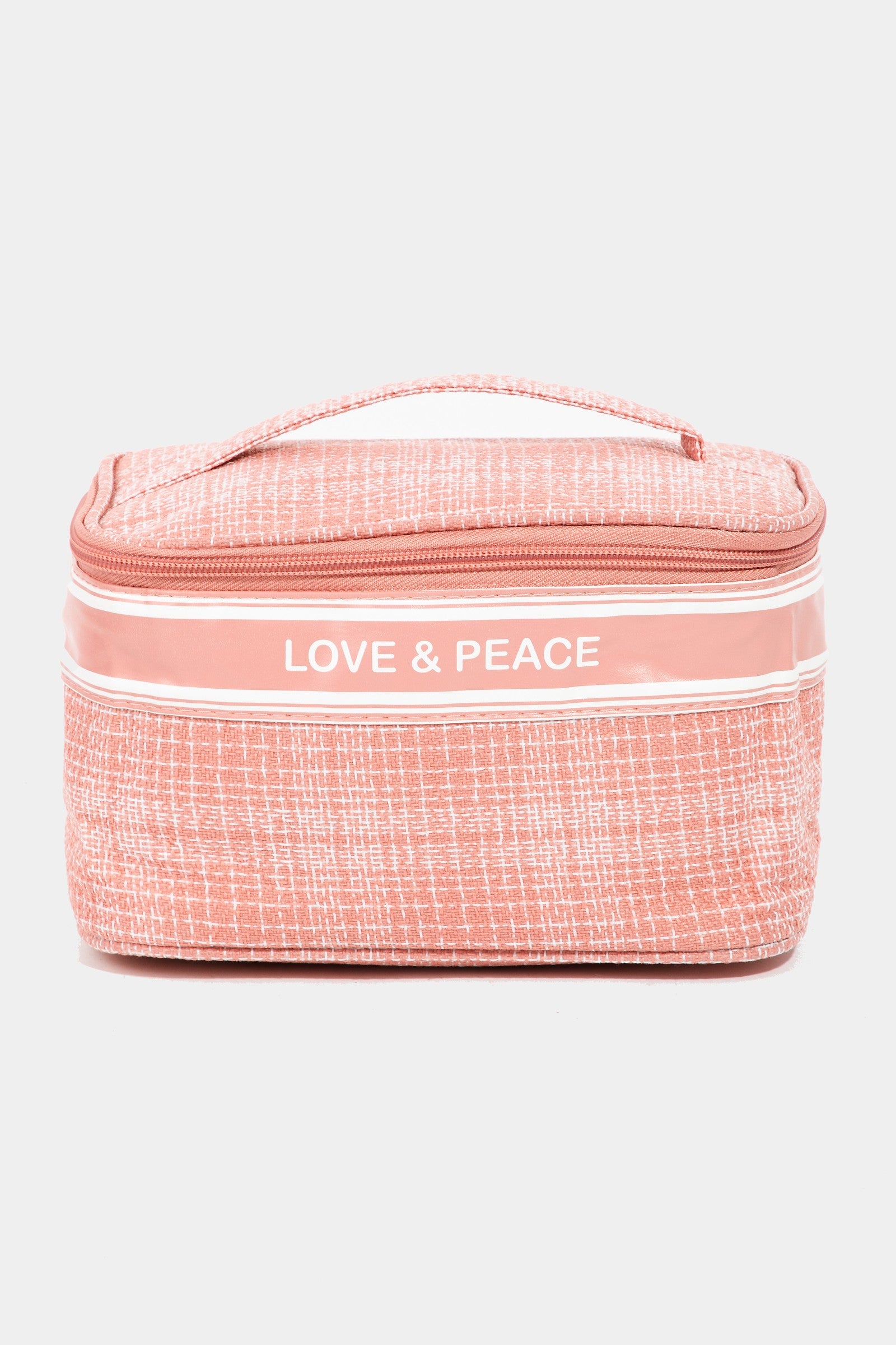 Introducing the Fame Love & Peace Striped Handle Bag: a turquoise toiletry bag with a chic design, adorned with a striped handle and secure zip closure, featuring "Love & Peace" printed on the front.