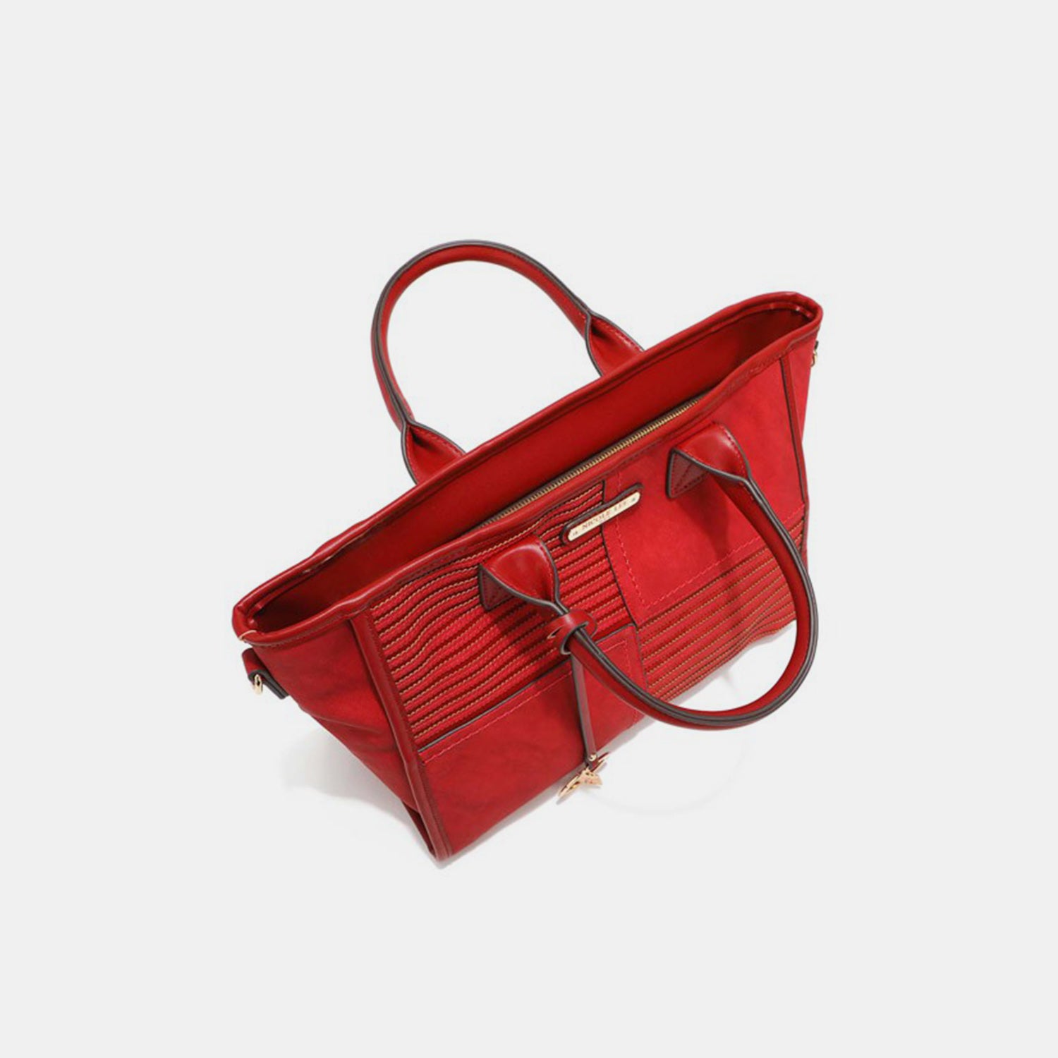 The Nicole Lee USA Scallop Stitched Handbag is crafted from vegan leather in a striking red color, featuring a textured front and elegant gold accents. It includes scallop-stitched details, two handles, and an adjustable shoulder strap for versatile carrying options.