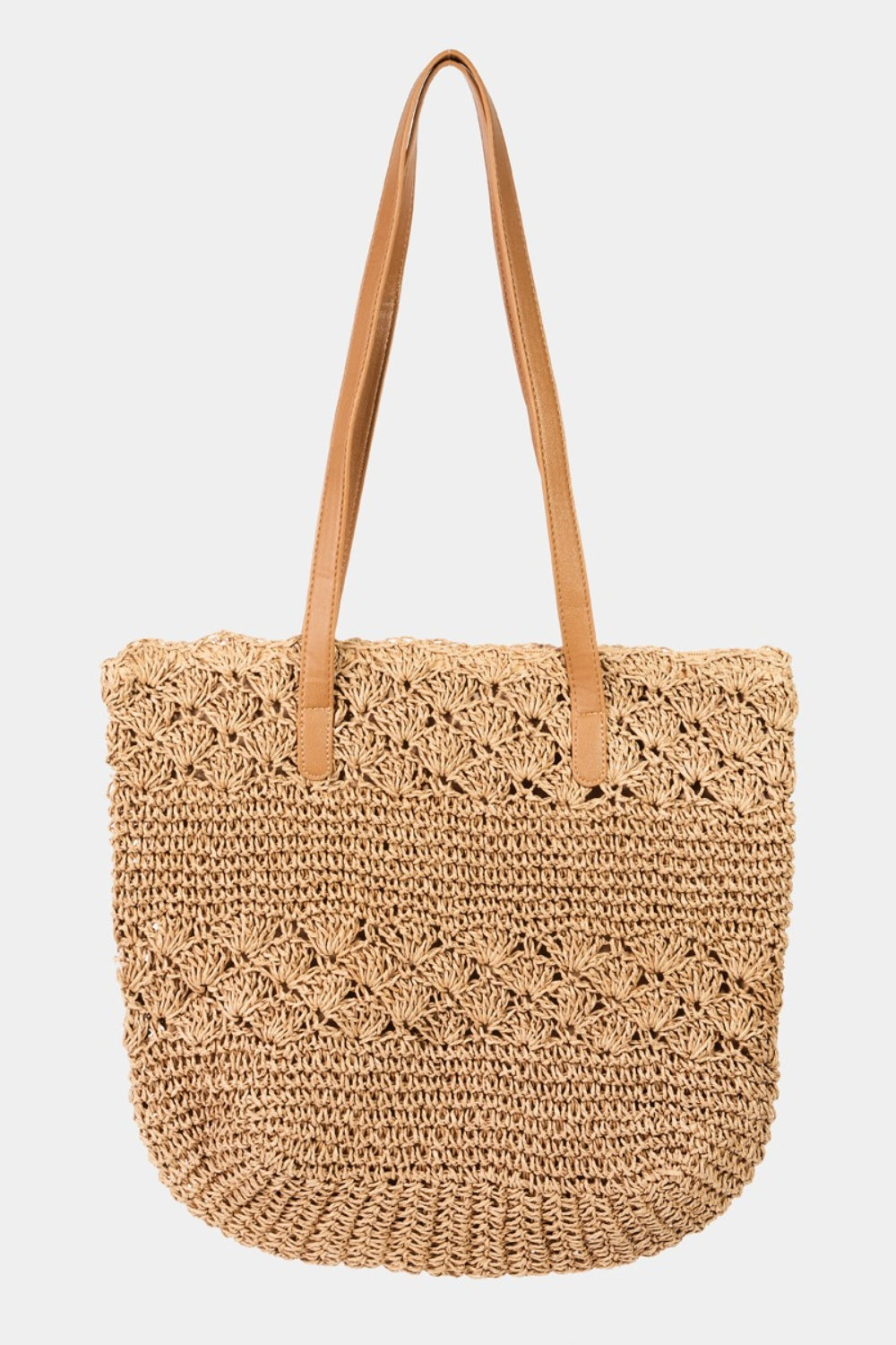 The Fame Straw Braided Tote Bag, featuring beige leather handles and a textured pattern, exudes rustic elegance and is the perfect summery accessory.