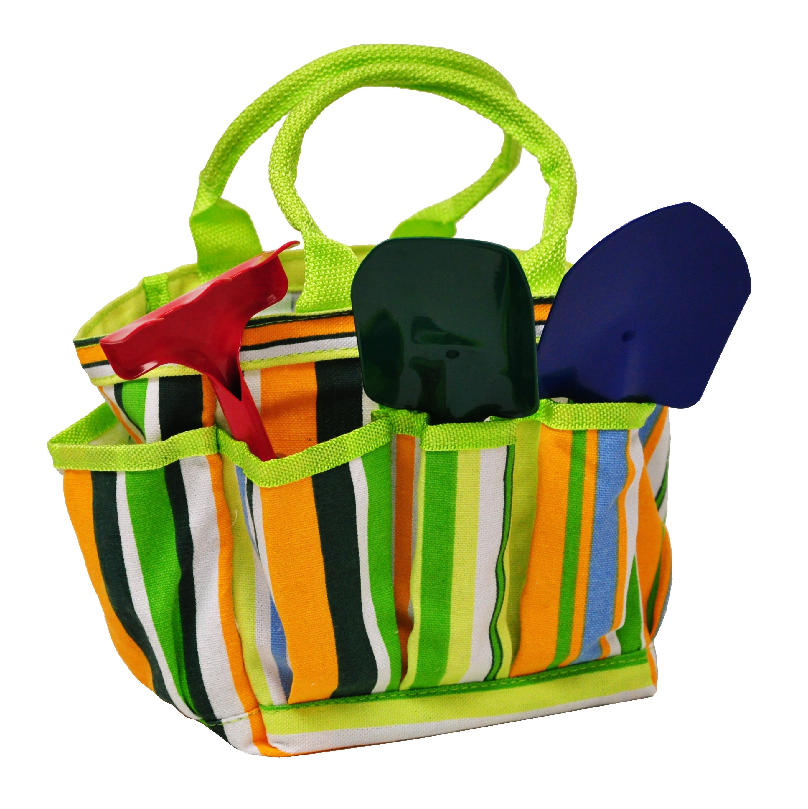 JustForKids Kids Garden Tools Set with Tote: This striped gardening tote with green handles is perfect for young gardeners. It conveniently holds essential tools such as a red rake, a green shovel, and a blue spade in its pockets.