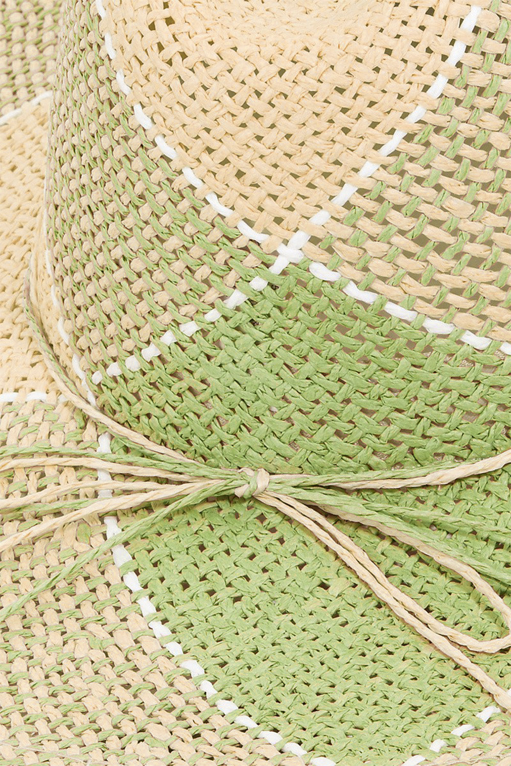 Introducing the Fame Contrast Straw Braid Hat—a wide-brimmed woven straw hat featuring a distinctive green and beige checkered pattern on a white background, designed to provide excellent sun protection.