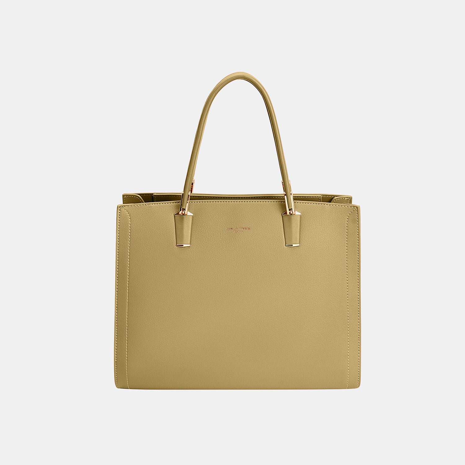 Introducing the David Jones PU Leather Medium Handbag, a chic accessory crafted from tan leather, showcasing dual handles and refined stitching details against a plain background.