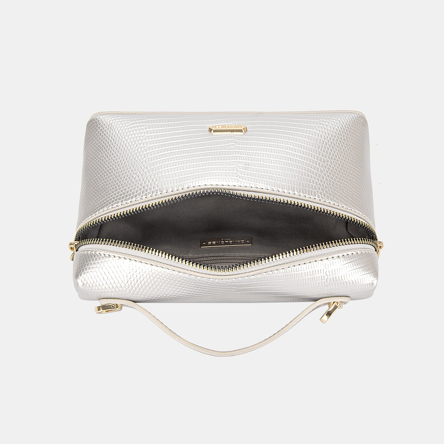 The David Jones Texture PU Leather Handbag is a cream-colored cosmetic bag featuring a convenient handle and is crafted from textured PU leather, complete with a gold zipper adorned with a small lock charm.