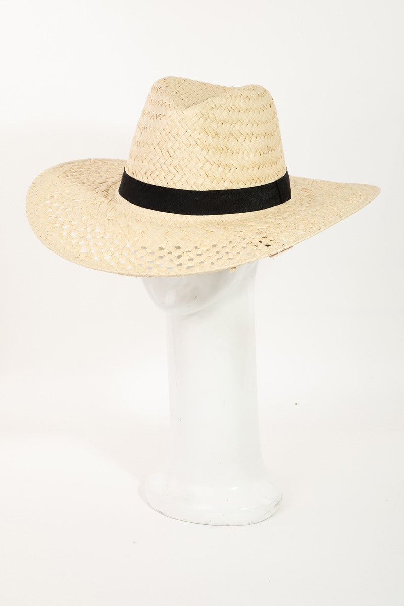 The Fame Basket Weave Straw Sun Hat, featuring a black band and ideal as a fashion accessory, is showcased on a clear stand against a white background.