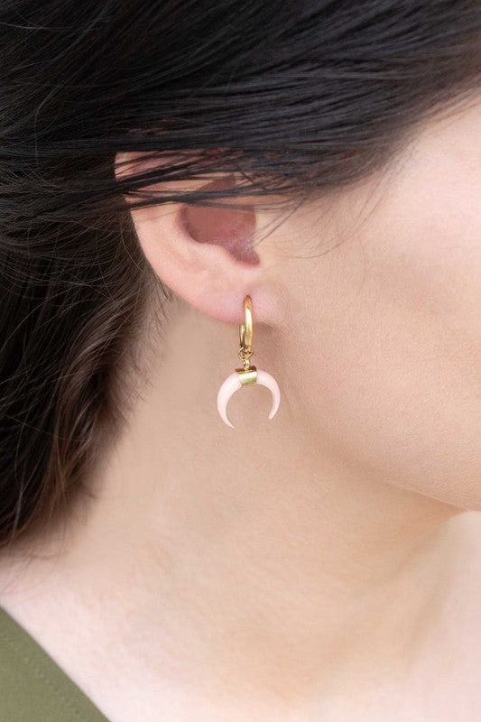 Double Horn Pink Hoop Earrings - 14K mini hoop earrings with pink pendants on a white background, crafted from 14K gold over stainless steel.