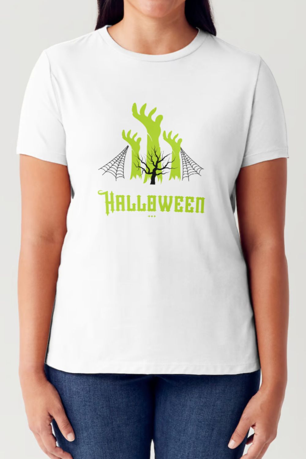 A person wearing the Simply Love Full Size HALLOWEEN Graphic Short Sleeve Tubular T-Shirt, which features a seamless tubular design in white adorned with green graphics of tree branches, spider webs, and the word "Halloween" in green text.