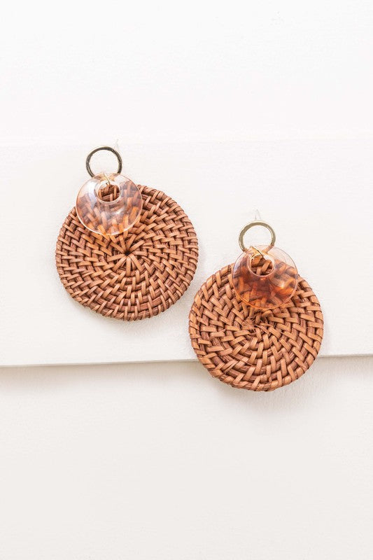 Wicker and Hoop Drop Earrings with circular sterling silver post accents on a white background.