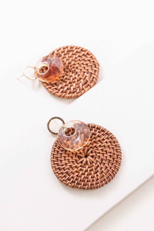 Wicker and Hoop Drop Earrings with circular sterling silver post accents on a white background.