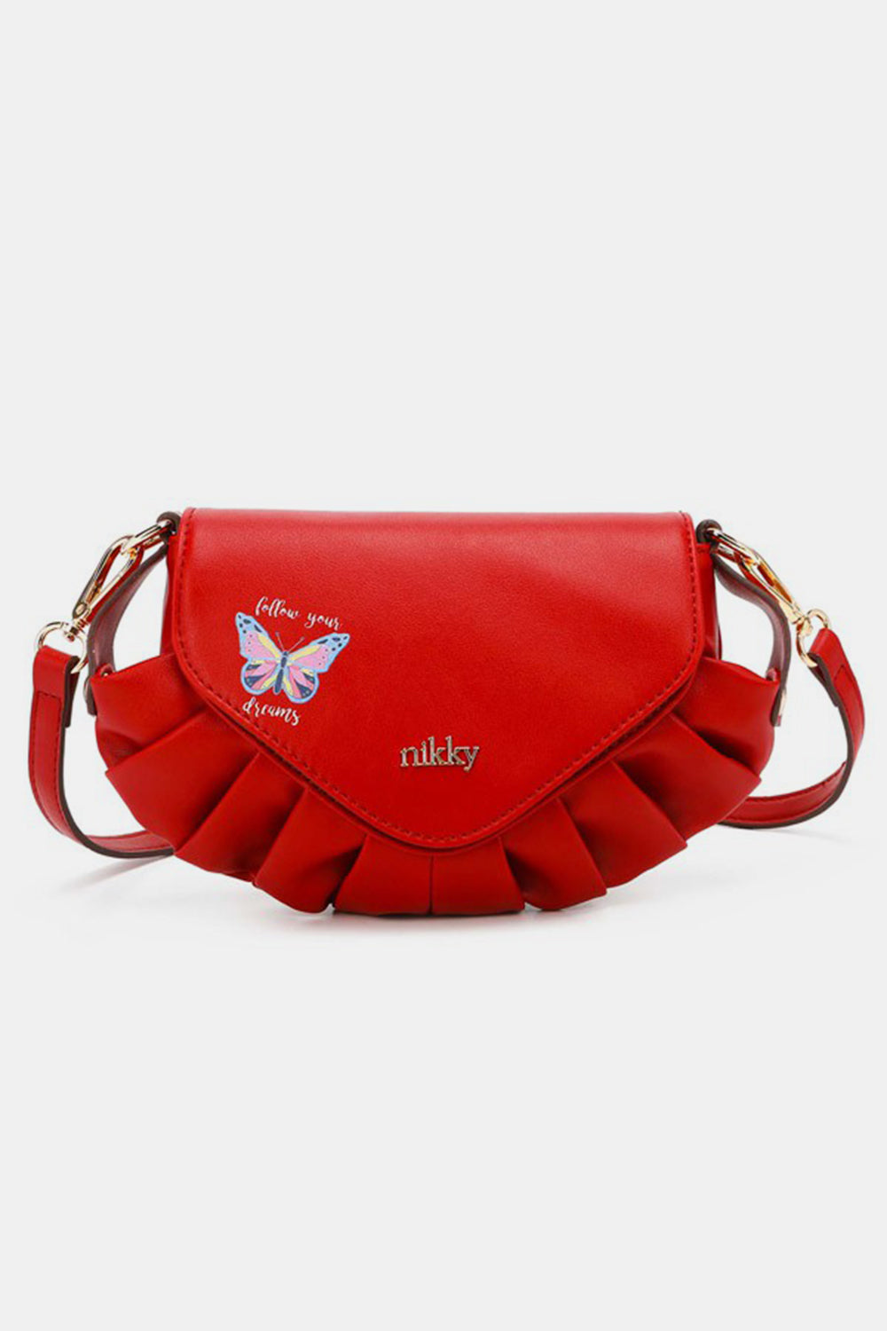 The Nicole Lee USA Graphic Crossbody Bag is a black shoulder bag embellished with a small heart decoration and featuring a "nikky" logo on the front. It includes ruffled detailing at the bottom and comes with an adjustable strap, making it a stylish fashion accessory.