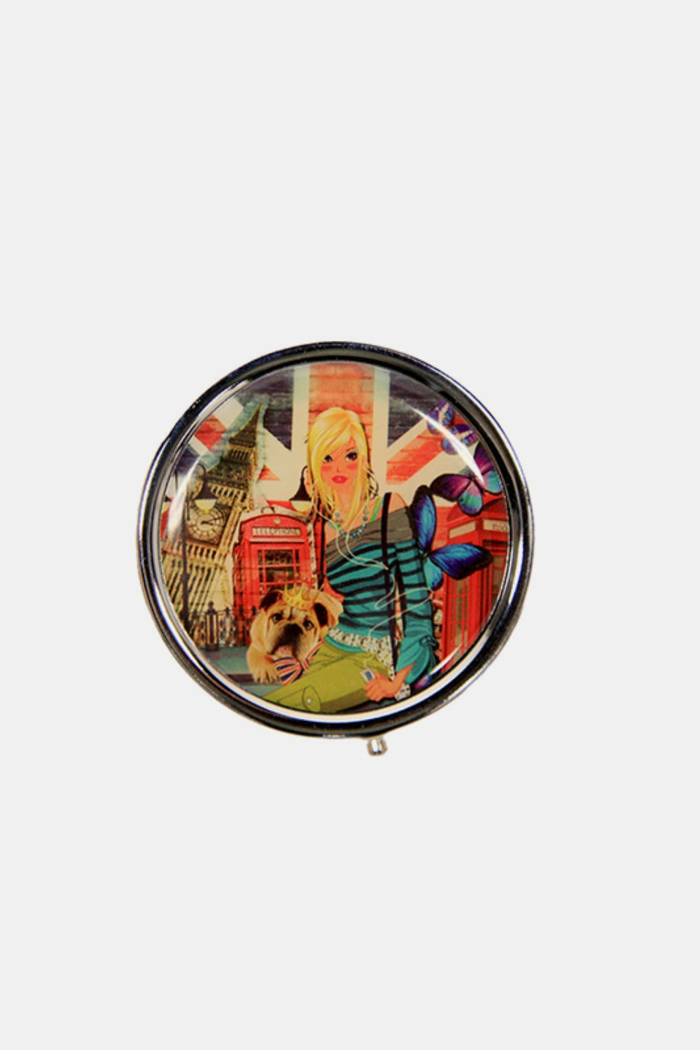 The Nicole Lee USA Print Metallic Circular Large Pill Case is a round pill case adorned with an illustration of a dog and cat driving an old-fashioned car, set against a backdrop of colorful city landmarks and signs. It's perfect for on-the-go medication management.