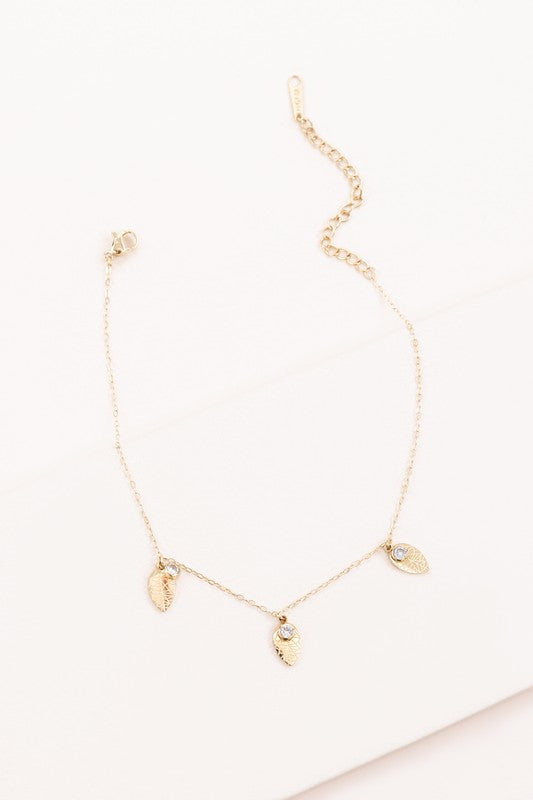 Leaf and Rhinestone Chain Anklet with crystal accents on a white background.
