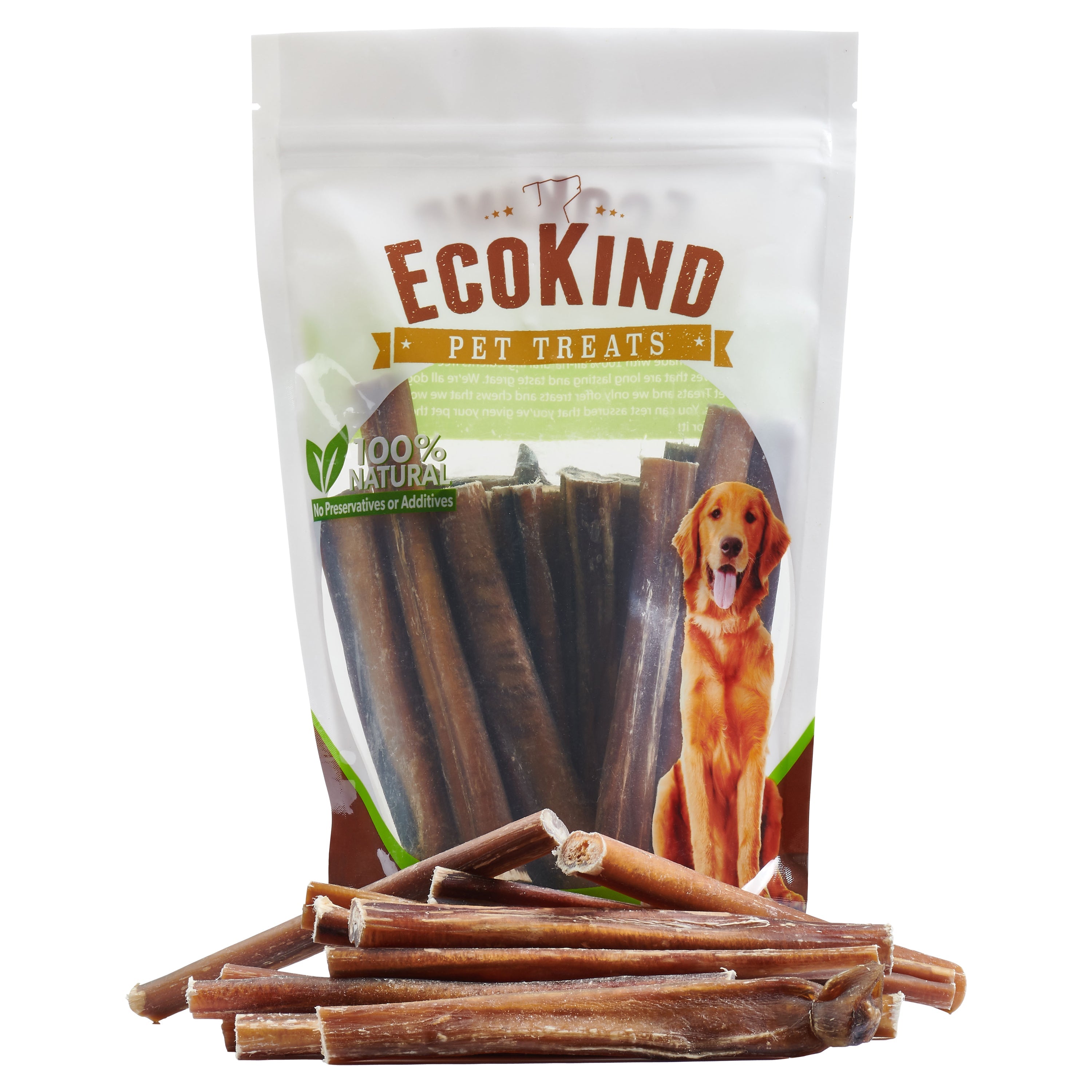 The packaging of the Brazilian Grass-Fed Beef Bully Sticks features an image of a joyful dog and prominently declares 100% natural ingredients. The bag is filled with brown treats, emphasizing the use of premium grass-fed bully sticks for your furry companion.