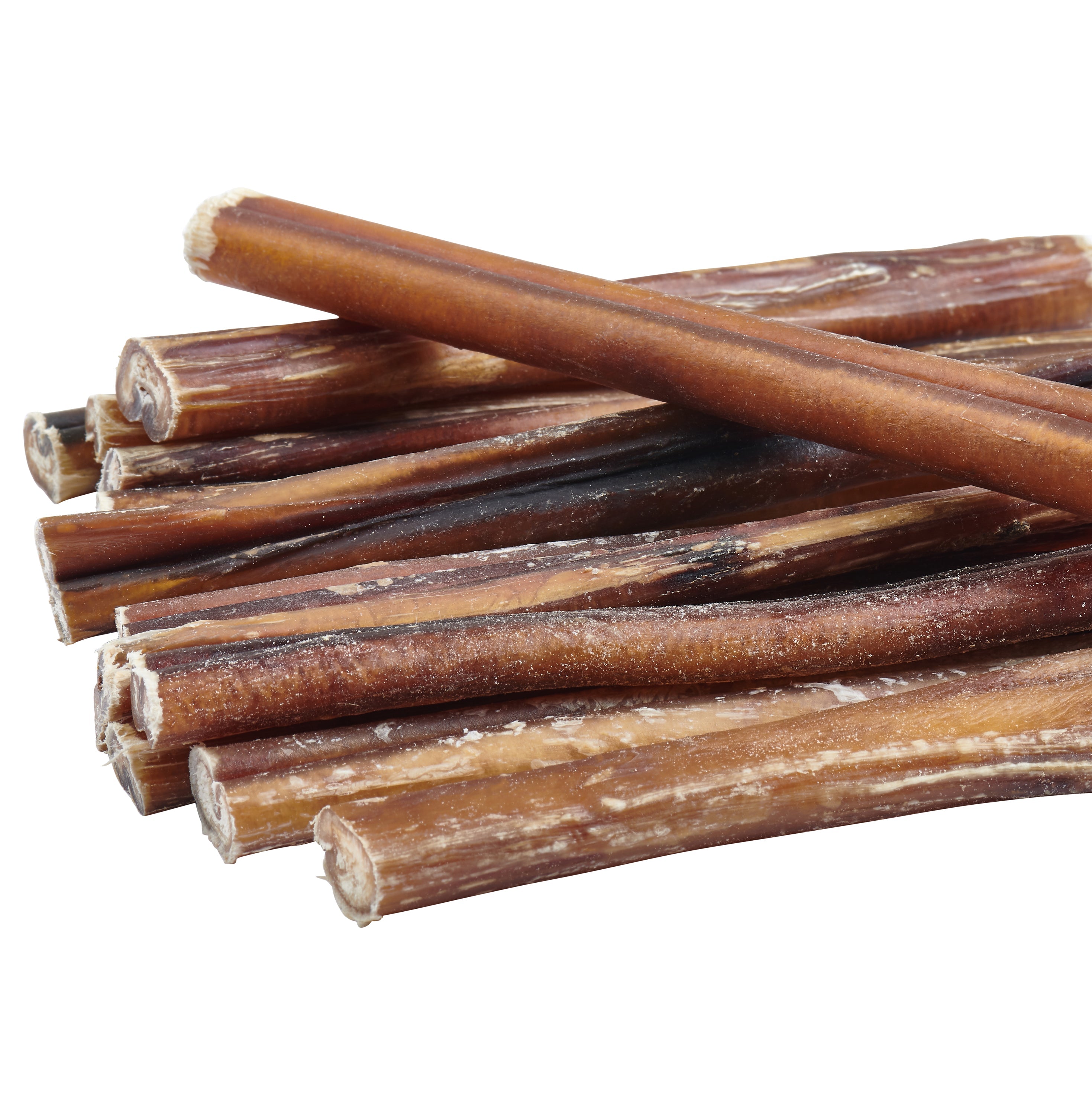 The packaging of the Brazilian Grass-Fed Beef Bully Sticks features an image of a joyful dog and prominently declares 100% natural ingredients. The bag is filled with brown treats, emphasizing the use of premium grass-fed bully sticks for your furry companion.