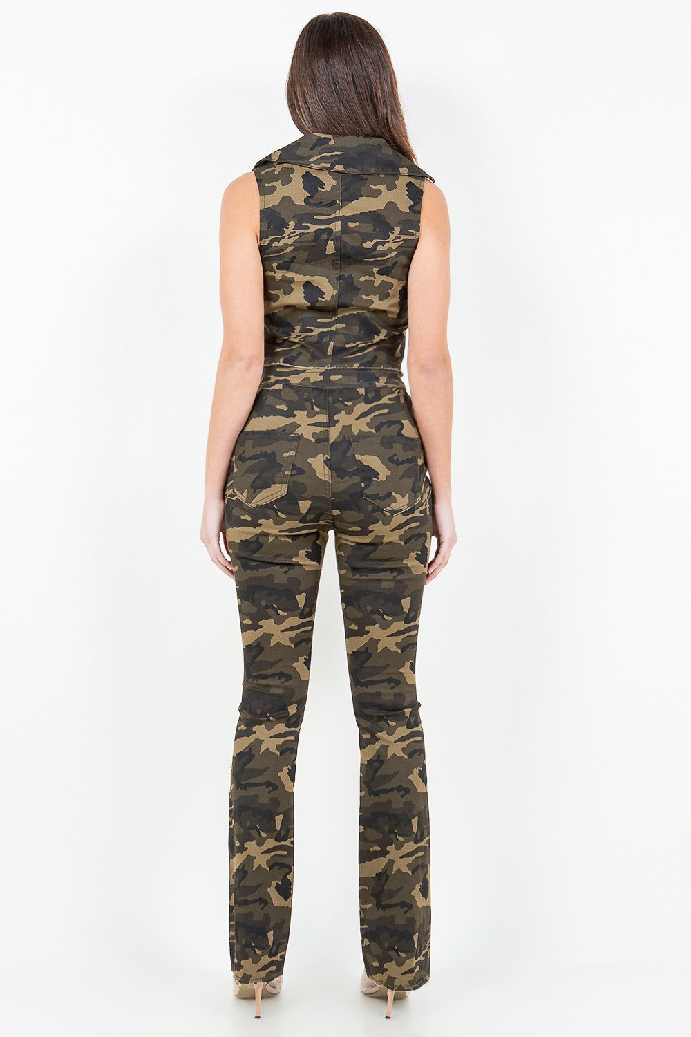 A person wearing a sleeveless camouflage top and fashion-forward American Bazi V-Cut Ruched Camo Flare Pants stands against a plain white background.