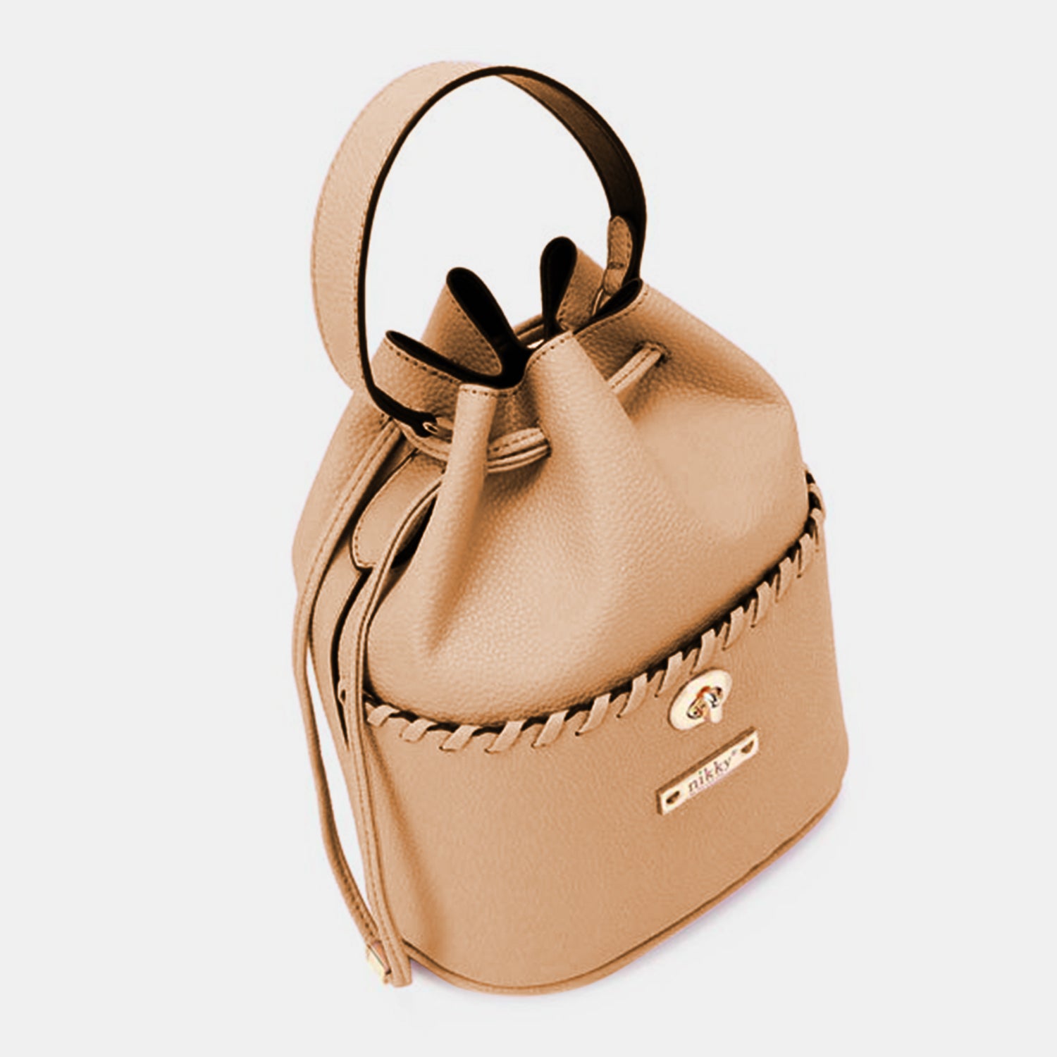 Nicole Lee USA Drawstring Bucket Bag made from eco-leather with an adjustable black strap, featuring a cinched top and gold-toned hardware, along with a silver clasp at the front.