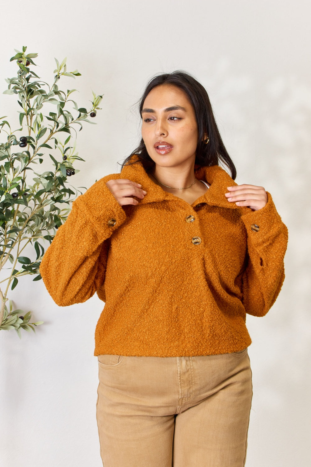 A person wears a brown textured Culture Code Full Size Half Button Turtleneck Sweatshirt made from breathable fabrics and tan pants, standing next to a leafy plant against a light background.