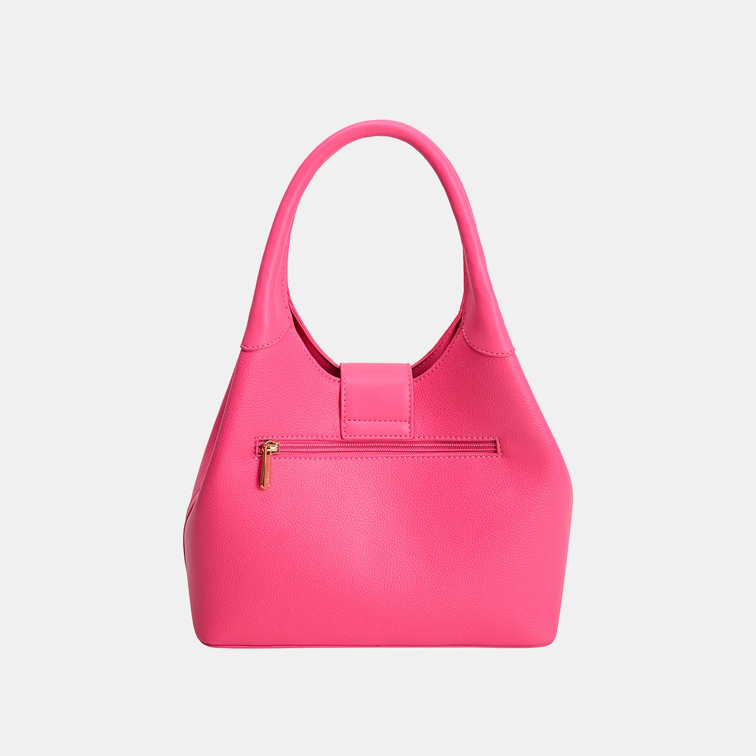 The David Jones PU Leather Handbag is a vibrant pink accessory with a sleek design, showcasing a single handle and adorned with an elegant gold triangular clasp on the front.