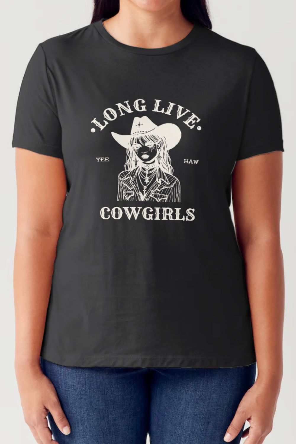 A person is wearing the Simply Love Full Size LONG LIVE COWGIRLS Short Sleeve Tubular T-Shirt, featuring a black illustration of a woman in a cowboy hat and the text "Long Live Cowgirls Yee Haw," showcasing iconic western style in comfortable fabric.