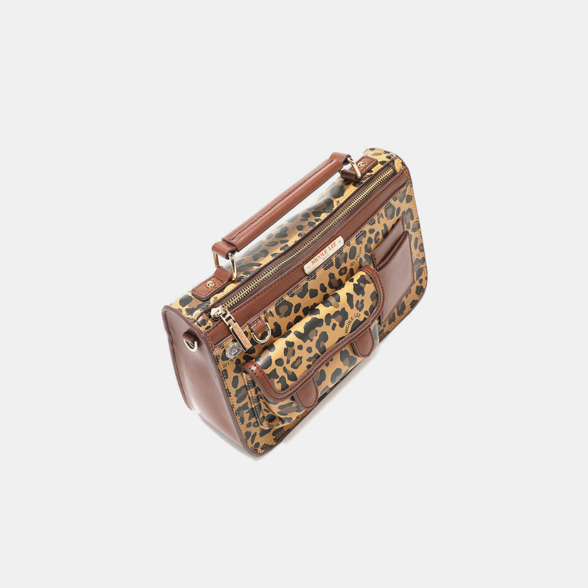 The Nicole Lee USA Leopard Top Handle Handbag is a stylish accessory with chic leopard print and brown vegan leather accents. It boasts two outer pockets, a gold-tone zip closure, and includes a versatile crossbody strap for convenient carrying.