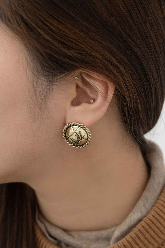 Vintage Button Earrings featuring a gold-tone finish, quilted pattern, and rope-like edge detailing.