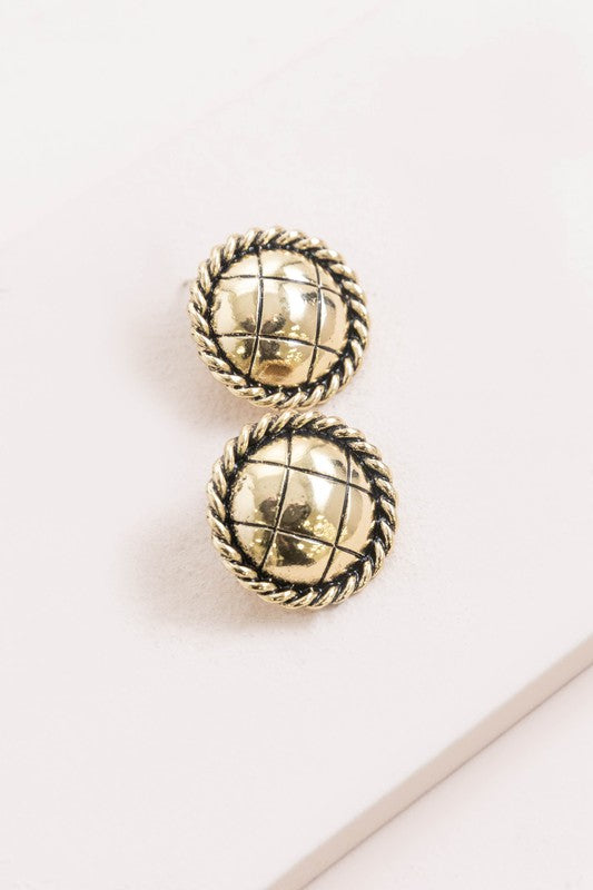 Vintage Button Earrings featuring a gold-tone finish, quilted pattern, and rope-like edge detailing.