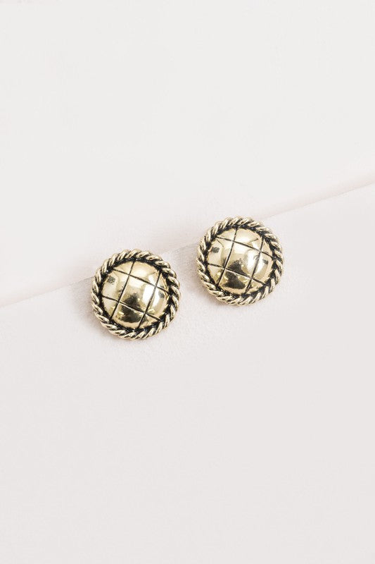 Vintage Button Earrings featuring a gold-tone finish, quilted pattern, and rope-like edge detailing.