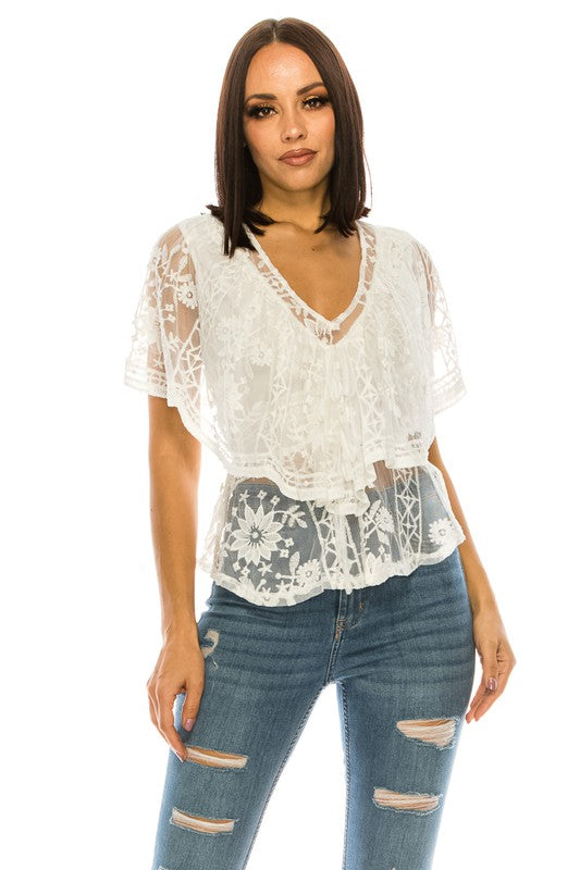 A person wearing a Lace White Top with a V neck and blue ripped jeans stands against a plain white background.