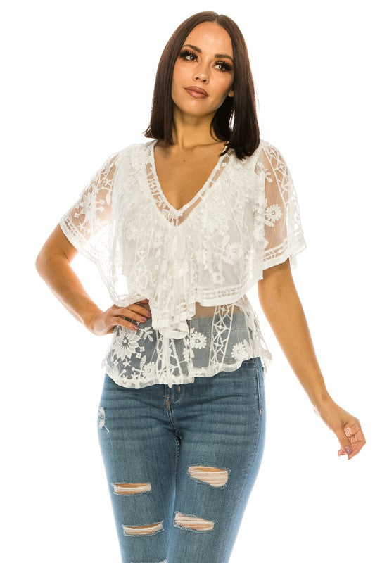 A person wearing a Lace White Top with a V neck and blue ripped jeans stands against a plain white background.