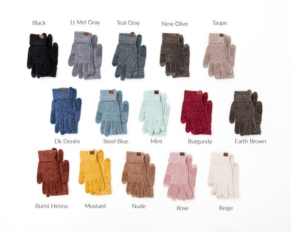 A person wearing a white jacket and gray CC Chenille Touch Gloves using a smartphone.