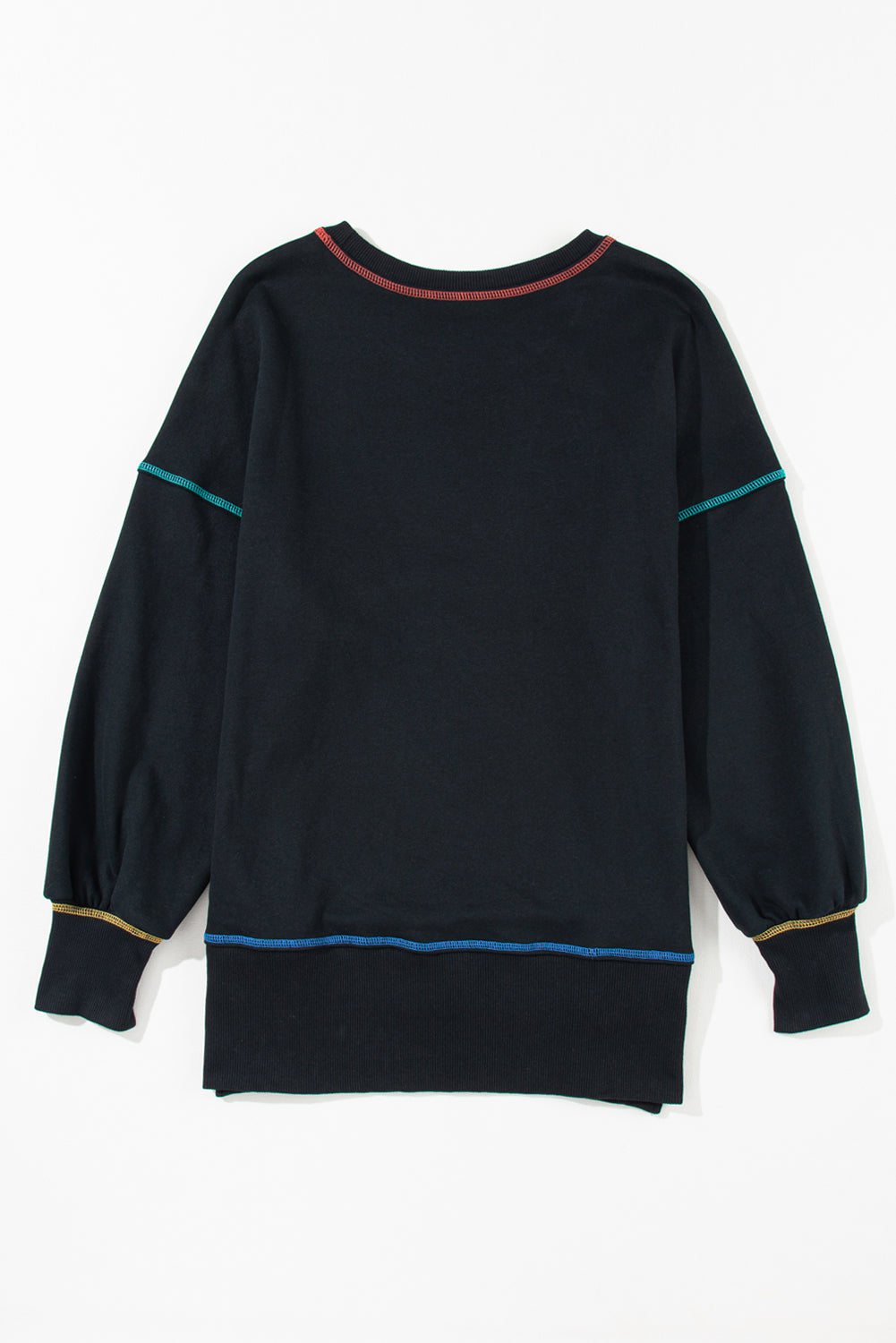 Person wearing a Black Contrast Stitching Split Baggy Sweatshirt, featuring green, blue, and red contrast stitching, facing away from the camera.