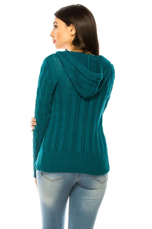 Person wearing a "Knit Sweater Plus Size" in teal with wooden buttons over a white top and blue high-waisted jeans.