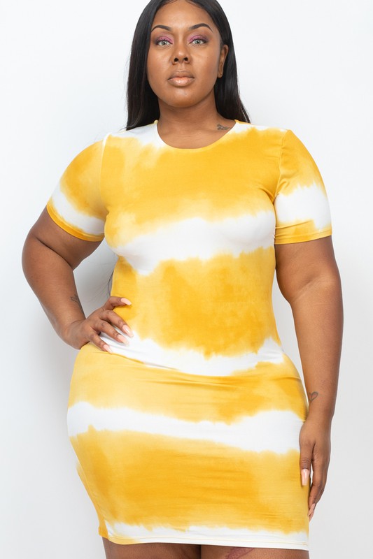 Person wearing a PLUS Size Stripe Tie-Dye Printed Midi Dress, standing against a plain white background.