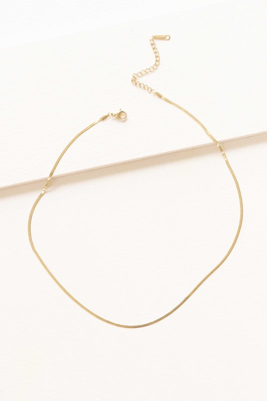 Two Snake Chain Necklaces, 14k gold plated with simple chain links, made from durable stainless steel, are laid flat on a white background.