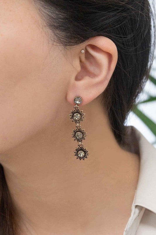 Sunflower Drop Earrings crafted from sterling silver, featuring star-shaped designs with black gem centers against a light background, ideal for formal jewelry occasions.