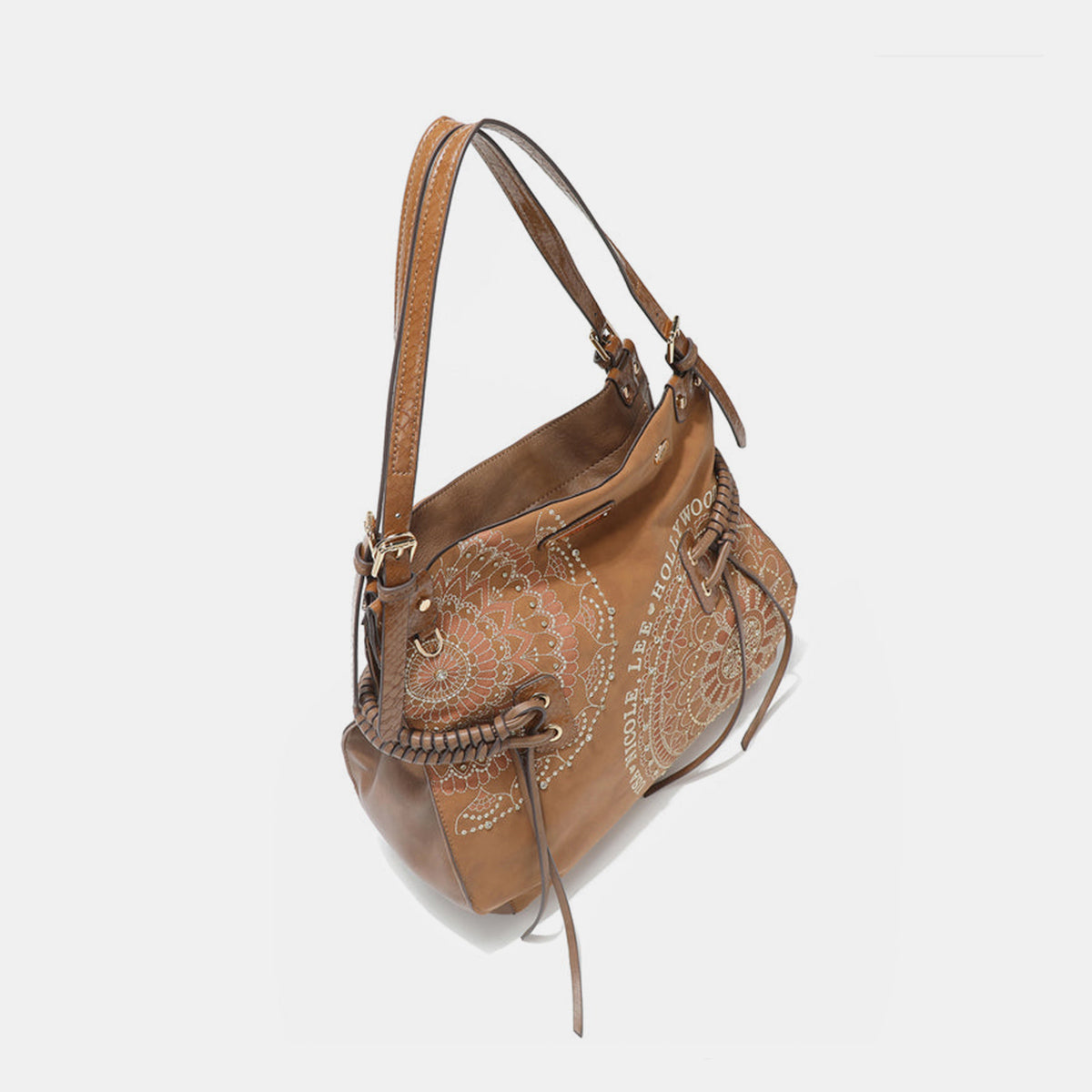 The Nicole Lee USA Side Braided Tassel Inlaid Rhinestone Embroidery Hobo Bag features intricately designed white mandala patterns on brown vegan leather, along with "Nicole Lee Hollywood USA" text. It includes top handles and decorative braided accents, as well as adjustable dual shoulder straps for added versatility.