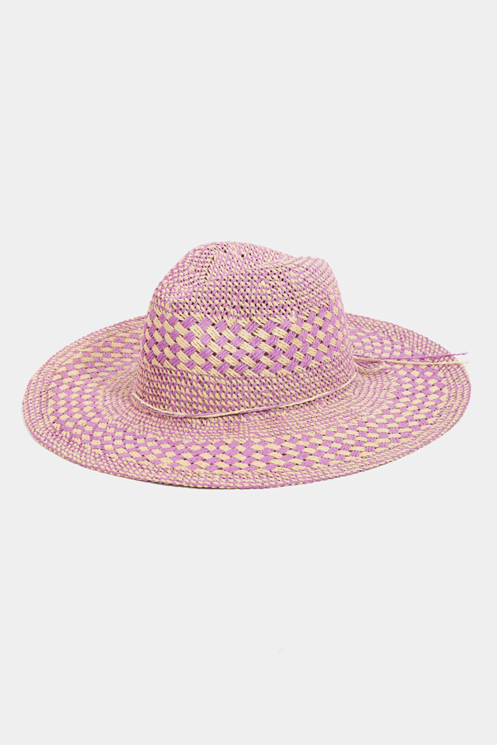 The Fame Checkered Straw Weave Sun Hat, featuring a sophisticated pink and purple checkered design, is elegantly displayed on a white background, highlighting its wide brim.