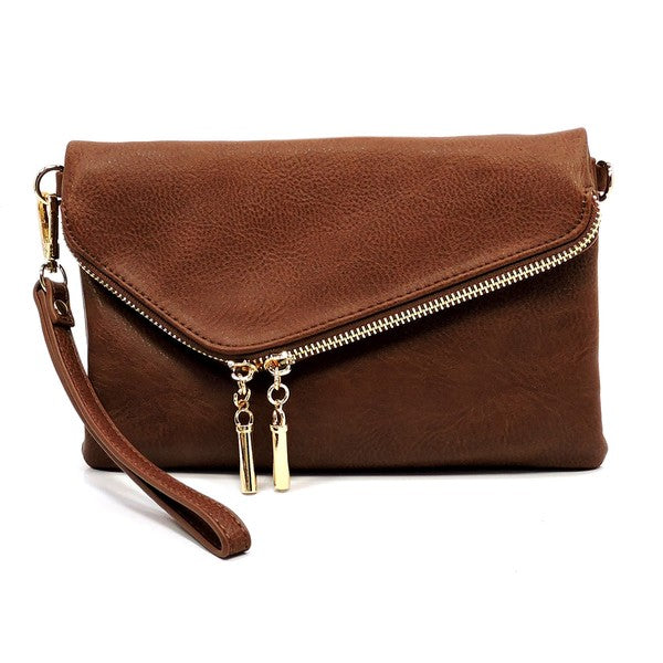 The Fashion Envelope Foldover Clutch is a green accessory with a gold chain strap and zipper detail, enhanced by a wristlet attachment and tassels. Made from faux leather, it comes with a detachable shoulder strap for versatile styling options.