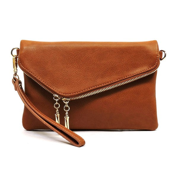 The Fashion Envelope Foldover Clutch is a green accessory with a gold chain strap and zipper detail, enhanced by a wristlet attachment and tassels. Made from faux leather, it comes with a detachable shoulder strap for versatile styling options.