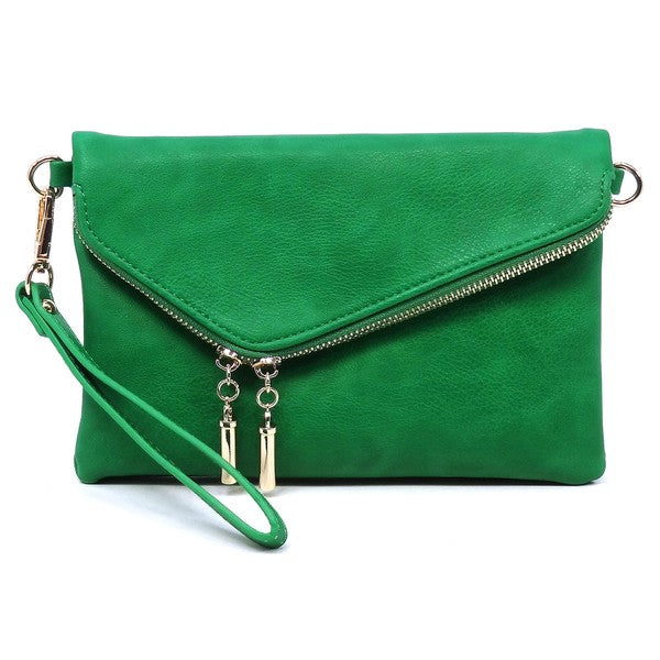 The Fashion Envelope Foldover Clutch is a green accessory with a gold chain strap and zipper detail, enhanced by a wristlet attachment and tassels. Made from faux leather, it comes with a detachable shoulder strap for versatile styling options.