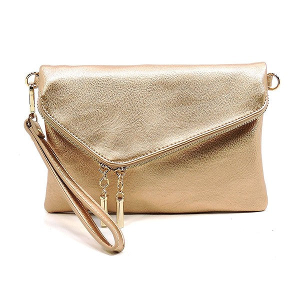 The Fashion Envelope Foldover Clutch is a green accessory with a gold chain strap and zipper detail, enhanced by a wristlet attachment and tassels. Made from faux leather, it comes with a detachable shoulder strap for versatile styling options.