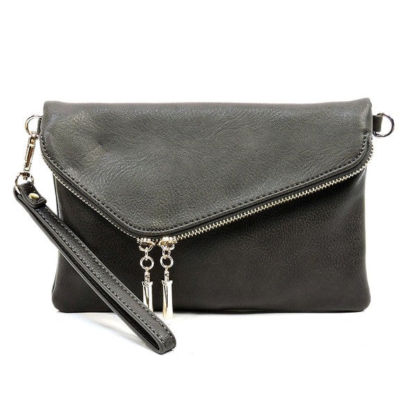 The Fashion Envelope Foldover Clutch is a green accessory with a gold chain strap and zipper detail, enhanced by a wristlet attachment and tassels. Made from faux leather, it comes with a detachable shoulder strap for versatile styling options.