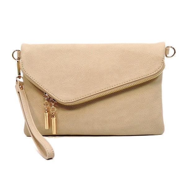 The Fashion Envelope Foldover Clutch is a green accessory with a gold chain strap and zipper detail, enhanced by a wristlet attachment and tassels. Made from faux leather, it comes with a detachable shoulder strap for versatile styling options.