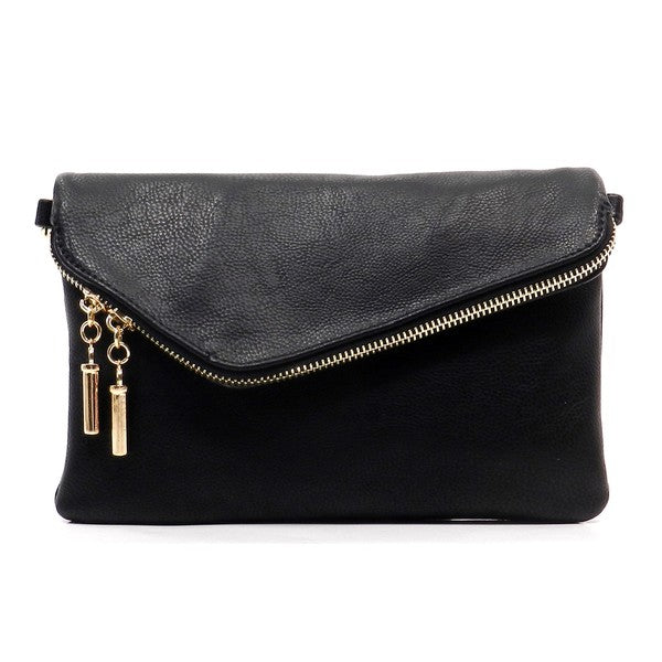 The Fashion Envelope Foldover Clutch is a green accessory with a gold chain strap and zipper detail, enhanced by a wristlet attachment and tassels. Made from faux leather, it comes with a detachable shoulder strap for versatile styling options.